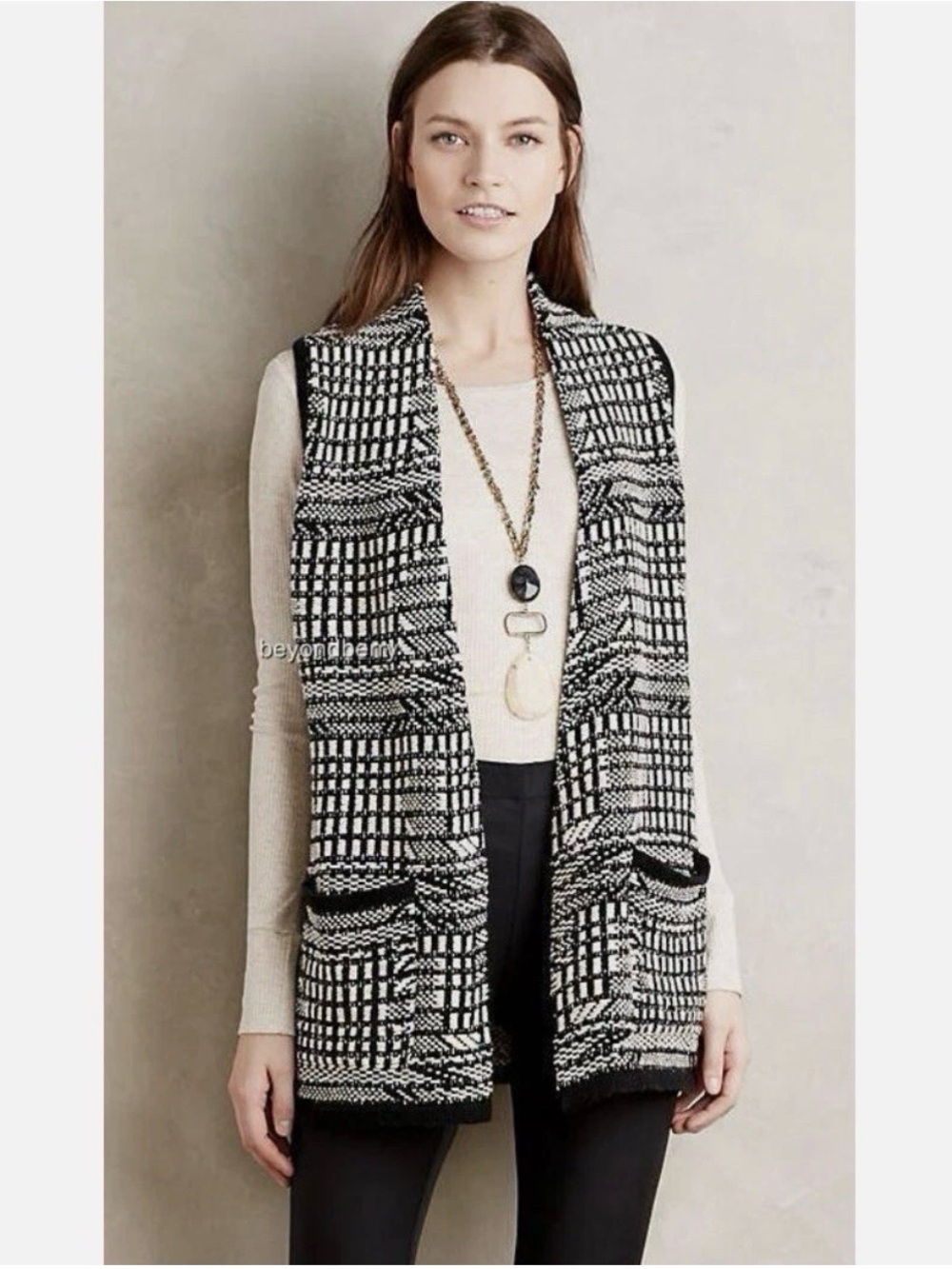 Anthropologie Angel of the North Roenne Sweater Vest M Black White Geometric